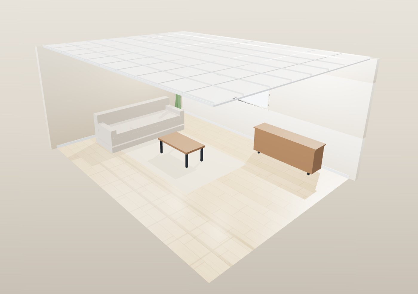 3D ceiling viewer: lay-in grid ceiling in a room, with a sofa, a table and a sideboard for scale