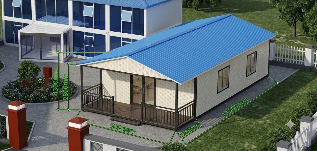 Detachable container unit with a blue pitched roof and veranda, dimensions marked