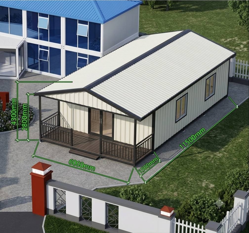 Pitch-roof detachable unit with cream roofing and timber veranda