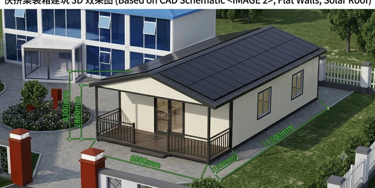 Pitched-roof unit with solar roof, 11,500 mm long with 1,500 mm veranda