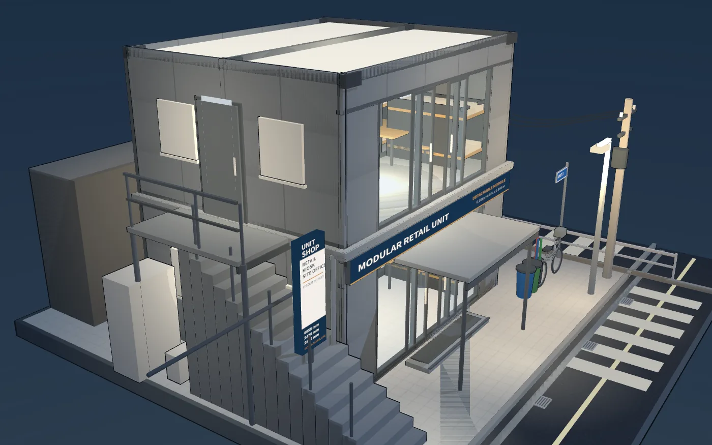 Two detachable container modules stacked two storeys with an external steel stair and landing